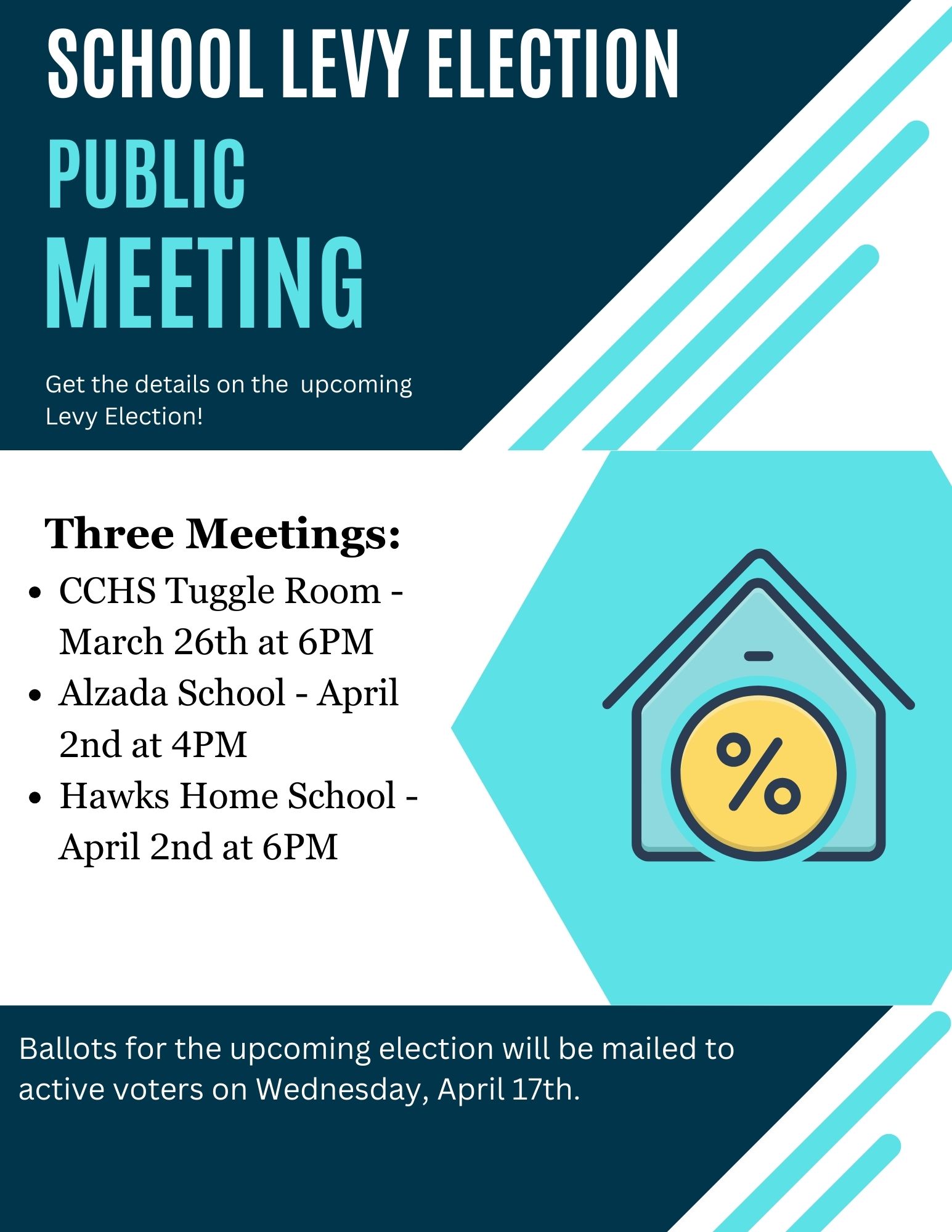 Three Meetings: CCHS Tuggle Room - March 26th at 6PM Alzada School - April 2nd at 4PM  Hawks Home School - April 2nd at 6PM