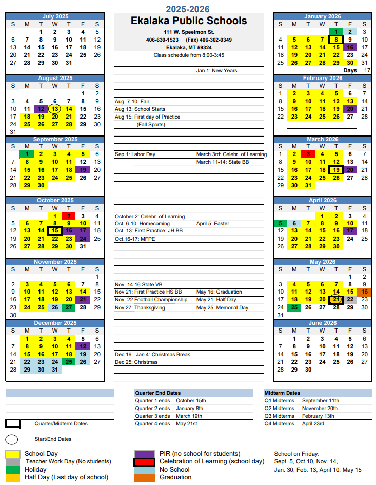 Approved calendar, with school days highlighted in yellow, School starts on August 13th and ends May 21st.