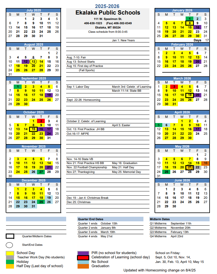 Approved calendar, with school days highlighted in yellow, School starts on August 13th and ends May 21st.