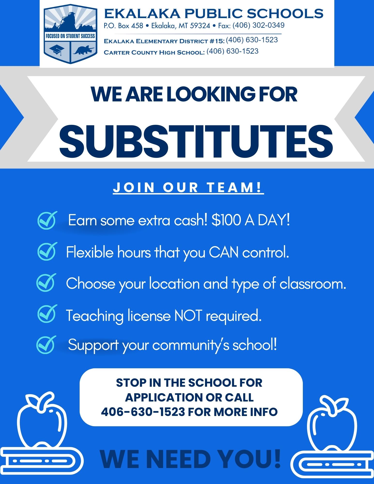 We are looking for substitutes, stop by the school or call 6301523 for more info!